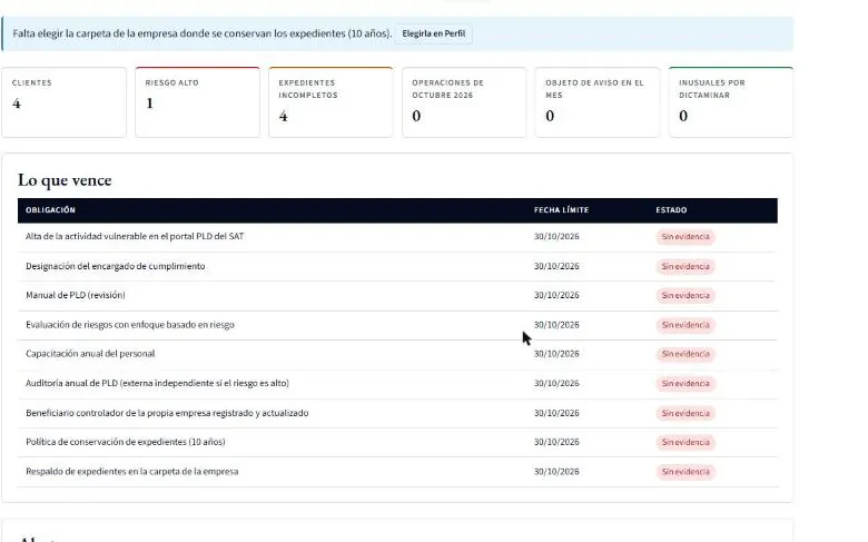 Pantalla de BRUNOIA Cumplimiento PLD con datos de ejemplo